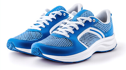 Closeup pair of blue and white running shoes or sneakers isolated on white background. fitness sport footwear, exercise training walking activity lifestyle, jogging, gym, comfortable, health.