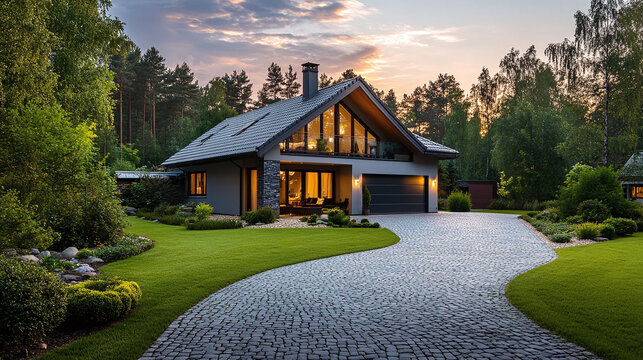 Evening dusk sunset, cobblestone driveway, grass lawn meadow, nobody, beautiful landscape, luxury house home and garage building modern architecture. real estate property, suburban neighbourhood. - Powered by Adobe