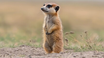 Fototapeta premium Meerkat standing upright on sandy ground, alert and curious in a natural grassland setting, with soft, blurred background creating a calm wildlife scene.