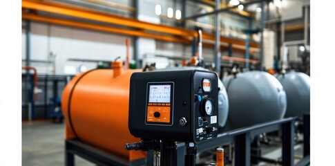 Fototapeta premium Close-up of a pressure gauge in a bustling industrial facility.