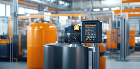 Close-up of a pressure gauge in a bustling industrial facility.