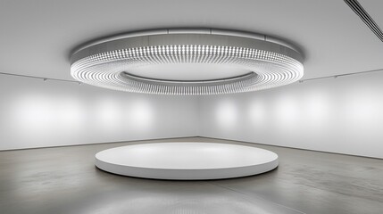 Modern gallery interior with circular platform and ceiling light.