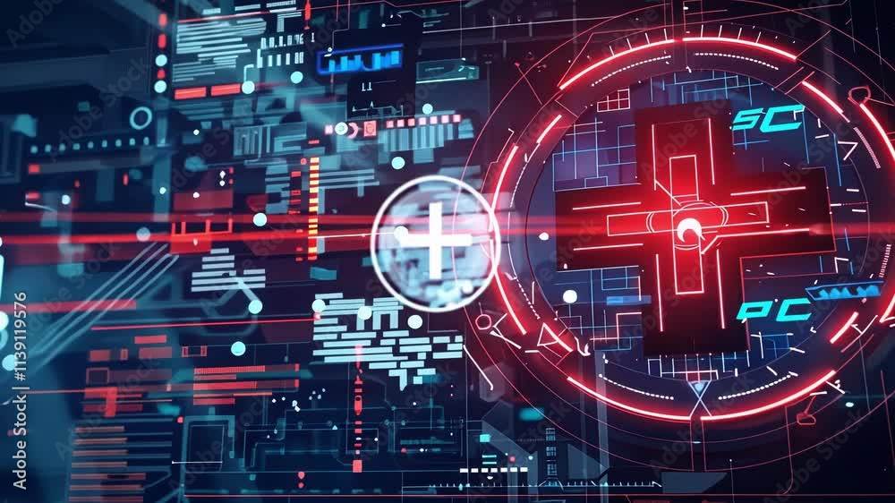 Poster complex graphical interface displaying target tracking, data analysis, and futuristic technology, in