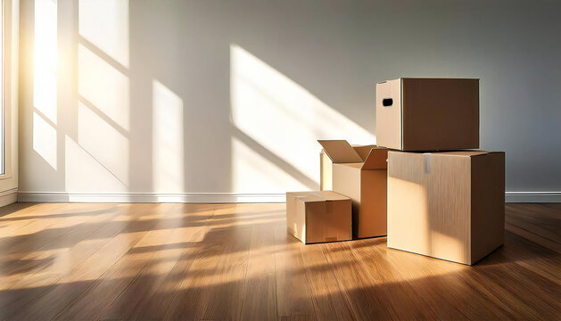 A mountain of cardboard boxes in a beautiful room. A room with light shining through the window and cardboard boxes.