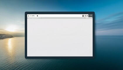Blank webpage on a tablet against a serene seascape.
