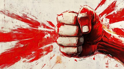 A bloody fist breaking through a red and white abstract background.