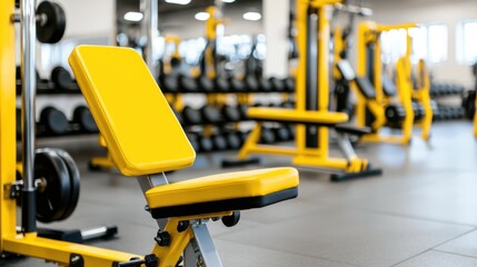 A bright yellow gym bench sits in a fitness center, surrounded by equipment, emphasizing a modern workout space.