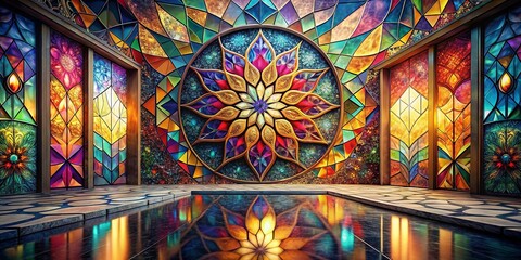 Obraz premium A Kaleidoscopic Chamber with Jewel-Toned Stained Glass Windows and a Reflective Floor