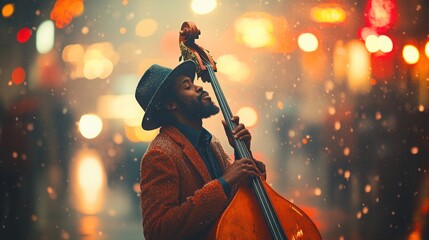 Musician plays bass in rain, city lights bokeh backdrop.