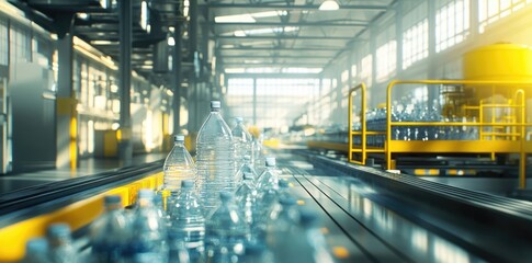 Close-up of a pile of plastic bottles, predominantly clear and turquoise, on a conveyor belt in a recycling facility
