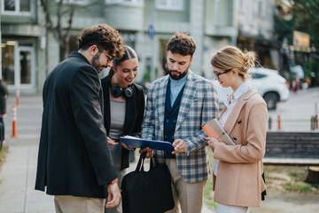 Group of business people gathered outdoors reviewing documents in an urban environment, illustrating teamwork and collaboration. The setting conveys a professional yet casual atmosphere.