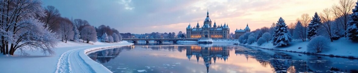 Fototapeta premium Federal Parliament building reflected in frozen Rideau Canal, winter wonderland scene, snow-covered trees