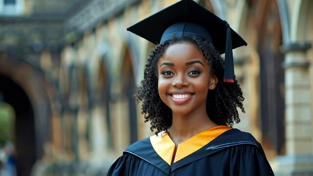 A young smiling African American woman in a black gown and graduation cap standing in front of a university. A historic architecture in the background