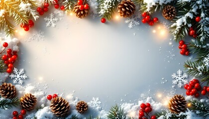 snowflakes, blank, space, freeform, bordered, pinecones, holly, berries, red, icy, branches, winter, glow, background, seasonal, festive, holiday, Christmas, cold, nature, decorative, frosty, elegant,