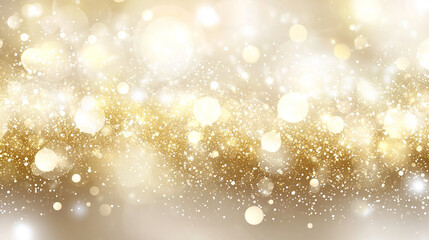 Golden bokeh confetti overlay with glowing yellow circles and sparkling dust creates a luxurious festive background with a blurred effect and empty blank space for a caption in the middle
