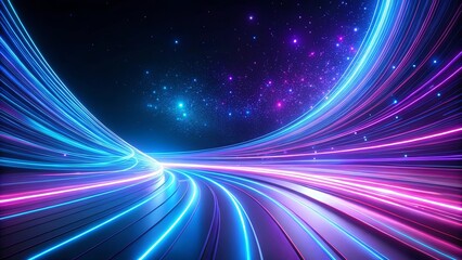 Abstract Neon Light Trails on a Curving Path Through a Starry Night Sky