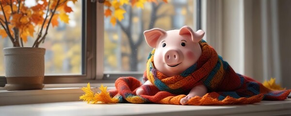 Cozy piggy bank wrapped in colorful knitted scarf by window with falling autumn leaves, piggy bank, autumnal colors