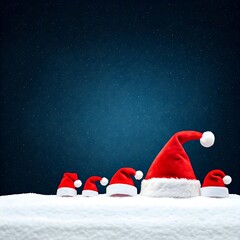 A row of Santa hats of different sizes on a blanket of snow, with a starry night sky in the background, evoking the magic of Christmas