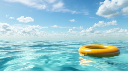 Obraz premium Bright Yellow Lifebuoy Floating on Calm Blue Ocean Surface