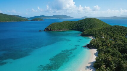 Obraz premium Serene Tropical Beach with Turquoise Waters and Lush Green Hills