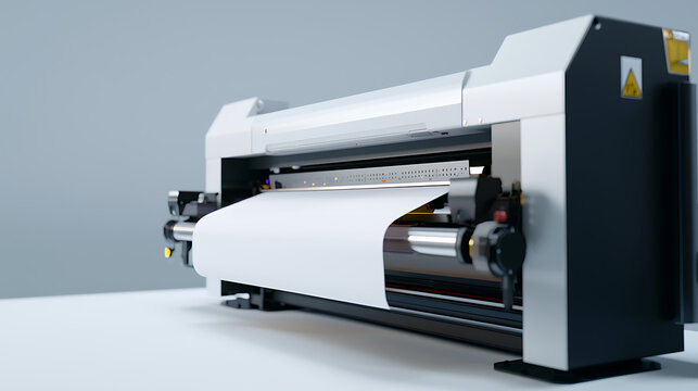 A large printer with a white roll of paper inside