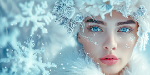 Portrait of snow queen with ice crown and snowflakes on face looking at viewer during snowfall