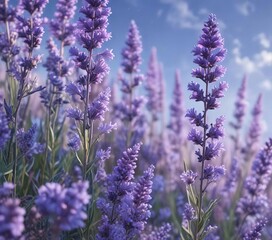 Naklejka premium Delicate shades of lavender and lilac waft gently across a serene blue expanse, dreamy clouds, gentle hue, calming atmosphere