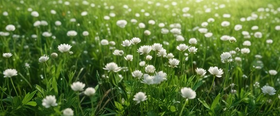 Fototapeta premium Delicate white clover blossoms, glistening dew, vibrant green field , growth, rural