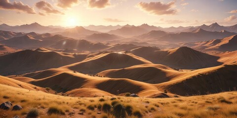 Fototapeta premium A vast expanse of undulating hills and valleys bathed in warm sunlight, peaceful, light, plants