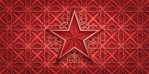 Naklejka premium Red Five-Pointed Star on Intricate Geometric Pattern Background