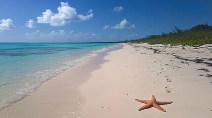 Tranquil Beach with Starfish on Sandy Shore Under Blue Sky
