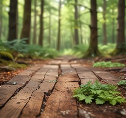 Fototapeta premium Earthy forest floor with abstract natural bokeh background featuring soft green hues and wooden texture, outdoor, environment