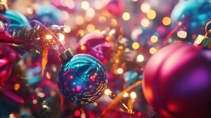 Festive Christmas ornaments with bokeh lights.