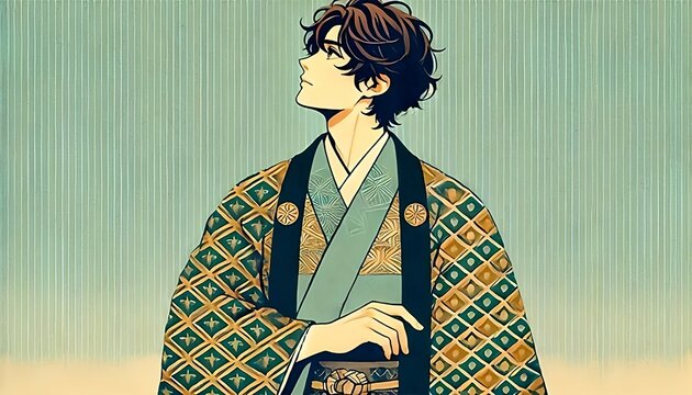 Japanese man wearing green haori and hakama with geometric patterns