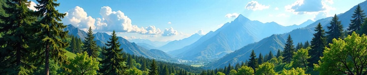 Obraz premium towering trees against a blue sky with mountains, trees, foliage,