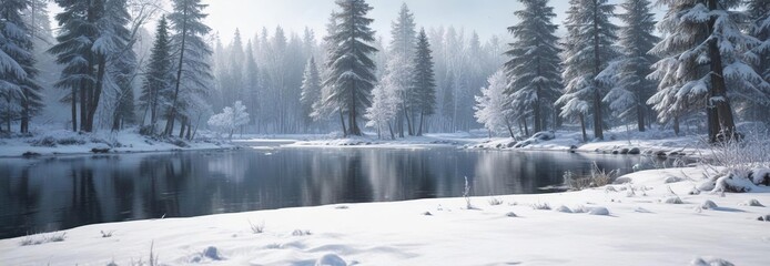Obraz premium Frozen pond with snow-covered trees and a frozen lake, snowy landscape, snowy forest, frozen tundra