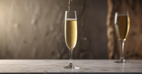Full glass of champagne, fine bubbles, pristine backdrop,  cold,  refreshment