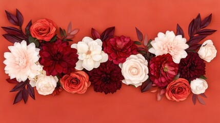 Vibrant Floral Arrangement Featuring Red, White, and Pink Blooms on a Warm Orange Background for Decorative and Artistic Purposes