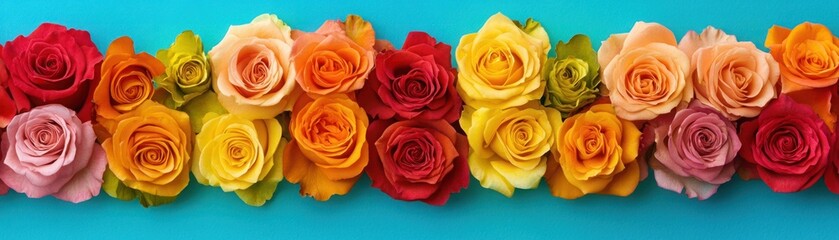 Naklejka premium Vibrant Rainbow of Freshly Blooms Roses in Varied Colors on a Bright Turquoise Background for Spring and Floral Theme Inspiration