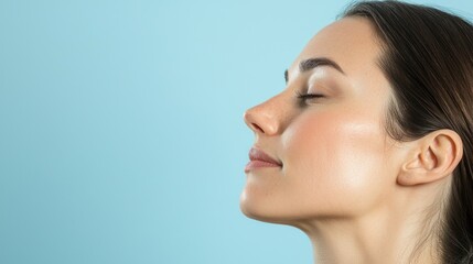 A serene profile of a woman with glowing skin, exuding tranquility against a soft blue background.