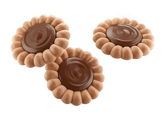 Sandwich chocolate cookies with chocolate fill, 3d illustration for biscuit package design.