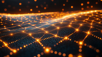 Futuristic 3D illustration of a polygonal network symbolizing cloud computing, blockchain, and digital currency. Interconnected nodes glow brightly on a silver, gold, and white abstract tech backgroun