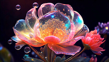 ガラスの花、透明な花、光る花、幻想的な花、輝く花びら、魔法の植物、ネオンカラーの花、発光する植物、ガラス細工の花、透明感のある花、SFの花、空想の植物、夢幻の花、光る自然、幻想的な光景