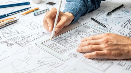 A person sketches design plans on paper surrounded by various drawing tools and a tablet, showcasing a creative workspace.