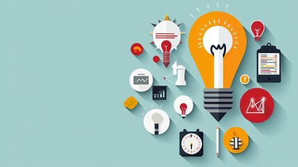 A vibrant illustration featuring a light bulb surrounded by various icons symbolizing innovation, creativity, and technology.