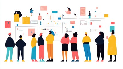 Obraz premium A group of diverse people stands before a colorful display of digital elements, showcasing creativity and collaboration in a modern setting.