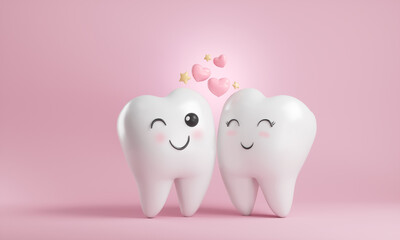 cute cartoon Smiling tooth with pink heart, dental character or mascot,Oral health and dental inspection teeth, 3d rendering.