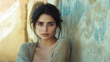 Fototapeta premium A beautiful Spanish or Mexican woman wearing a low cut top. She has dark hair tied loosely back and is looking directly at the camera. She is outdoors and leaning against a stone wall.