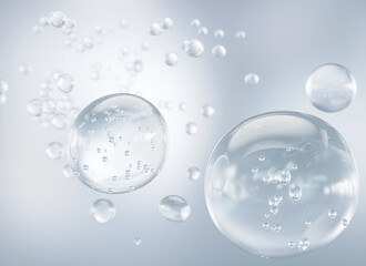 Cosmetic Essence, Liquid bubble, Molecule inside Liquid Bubble, 3d rendering