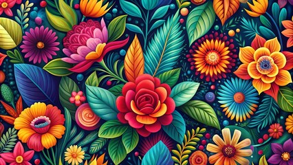 Vibrant Floral Pattern Featuring a Lush Arrangement of Stylized Flowers and Leaves in Rich Jewel Tones